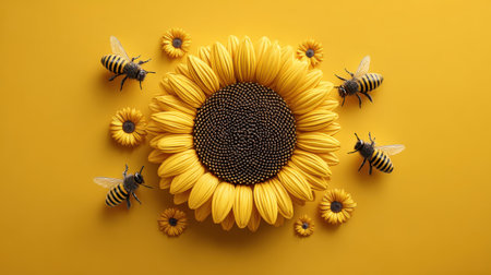Clipart of flying bees surrounding a sunflower, playful and bright design for spring themesの素材