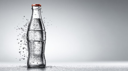 Cold soda water in a clear bottle, close-up of fizzing bubbles and droplets, on a white tabletop with copy spaceの素材