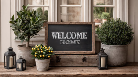 Close-up of 'Welcome Home' chalkboard sign on a rustic porch with potted plants and lanternsの素材