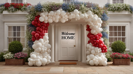 Festive doorway decorated with balloons, flowers, and 'Welcome Home' poster, celebration readyの素材