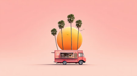 Festive food truck flyer for a summer event, with sun, palm trees, and colorful food truck graphicsの素材