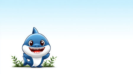 Child-style cartoon drawing of a smiling shark underwater, bright and playful design with room for textの素材