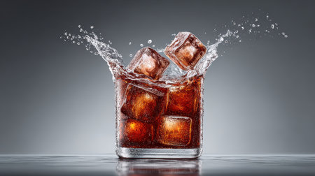 Ice cubes being dropped into fizzy soda water, captured mid-splash with vibrant reflectionsの素材