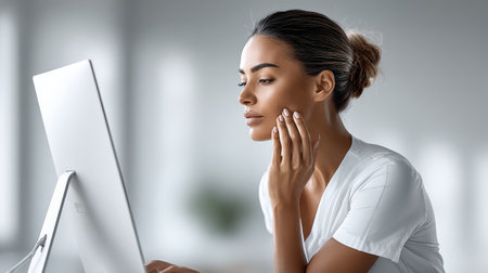 Dermatologist analyzing patiens skin condition on computer screen after visual exam, tech-savvy medical environmentの素材