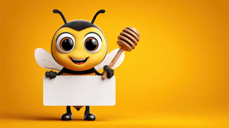 Smiling cartoon bee clipart holding a honey dipper, friendly and fun style with empty space besideの素材