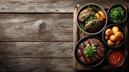 Rustic food truck flyer with wooden background texture, hearty meals photography, and classic fontsの素材