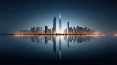 Distant view of business district with several office towers illuminated at night, calm urban landscapeの素材