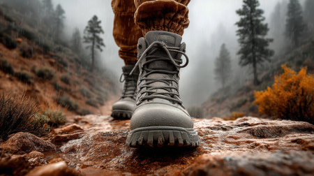 A close-up view of rugged hiking boots on a rocky trail, surrounded by a foggy forest, conveying the spirit of adventure and exploration in nature.の素材
