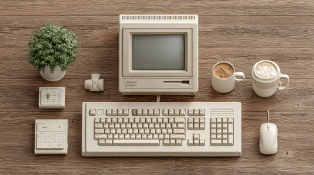 This image features a vintage computer setup, showcasing a retro keyboard and mouse alongside cozy coffee cups and a small green plant, perfect for a warm workspace.の素材