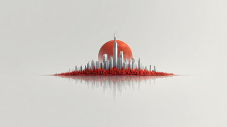 A stunning minimalist representation of a futuristic cityscape featuring a striking red moon, offering a serene reflection on water, showcasing harmony between nature and urban design.の素材
