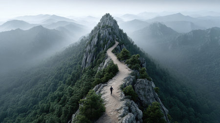 A lone hiker traverses a winding mountain pathway, enveloped in mist. The serene landscape features lush greenery and majestic peaks, capturing the essence of adventure and tranquility.の素材