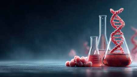 This image showcases laboratory equipment including glass flasks and a DNA helix, emphasizing the scientific research and innovation in biotechnology.の素材