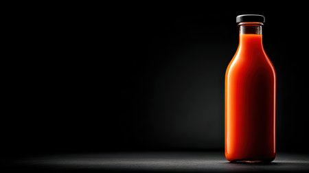 A striking image of a glass bottle filled with vibrant red tomato juice, set against a dark backdrop, highlighting the freshness and quality of this natural beverage.の素材