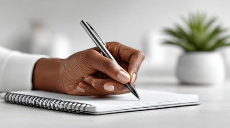 A close-up of a hand holding a black pen, writing in an open spiral notebook. A small green plant adds a touch of nature to the minimalist workspace, ideal for creative or educational themes.の素材