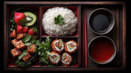 This beautifully arranged bento box features sushi rolls, fluffy rice, and fresh fruits like strawberries and kiwi, perfect for a gourmet meal.の素材