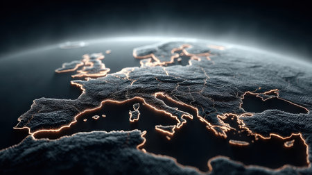 This visually striking image captures a detailed view of Europe with a glowing outline on a dark background, highlighting geography and modern technology.の素材
