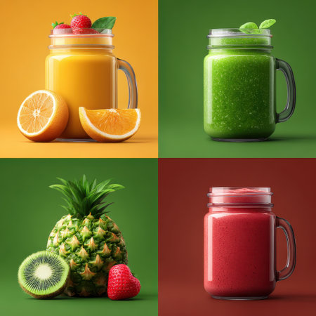 Four colorful fruit smoothies in glass jars with fresh fruit and vibrant backgrounds, refreshing and healthy drink optionsの素材