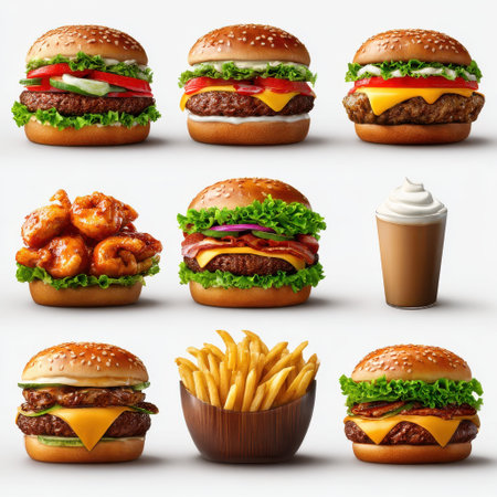 Juicy cheeseburger, shrimp sandwich, crispy fries, and creamy milkshake with fresh lettuce and tomato in sesame buns, delicious fast food mealの素材