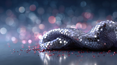 Shiny silver sequin fabric twisted on reflective surface with scattered red beads and soft bokeh lights creating festive moodの素材