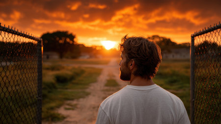 Man watching sunset with orange sky and fence on both sidesの素材