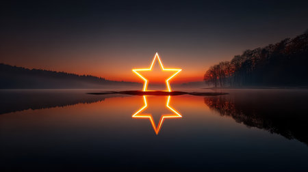 Glowing star shape on small island reflects on calm lake water at sunset with dark forest silhouette and misty atmosphereの素材