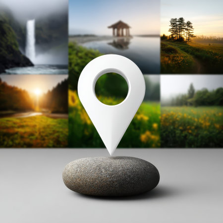 Location marker on stone with blurred nature photos in background, symbolizing travel, navigation, and outdoor explorationの素材