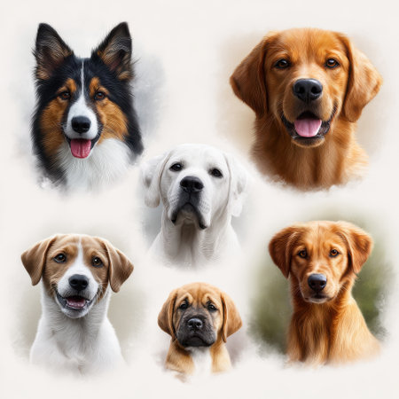 Collage of six different dog breeds with expressive faces and various fur colors, showing friendly and calm emotions in soft backgroundの素材