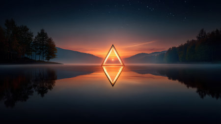 Glowing triangular light structure reflecting on calm lake water at sunset with misty forest and starry sky creating peaceful atmosphereの素材