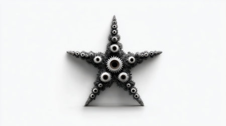Mechanical star shape made of interlocking metal gears on white background, symbolizing teamwork and industrial design conceptの素材