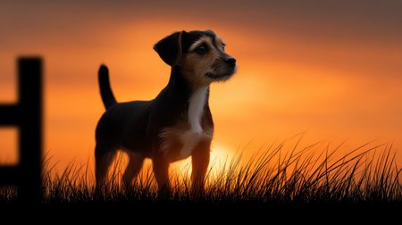 Small dog standing in grass during vibrant orange sunset, showing alert and curious expression in natural outdoor settingの素材