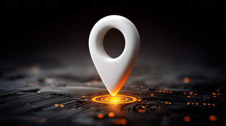 Location marker icon glowing on futuristic circuit board with dark background, symbolizing digital navigation and technology innovationの素材