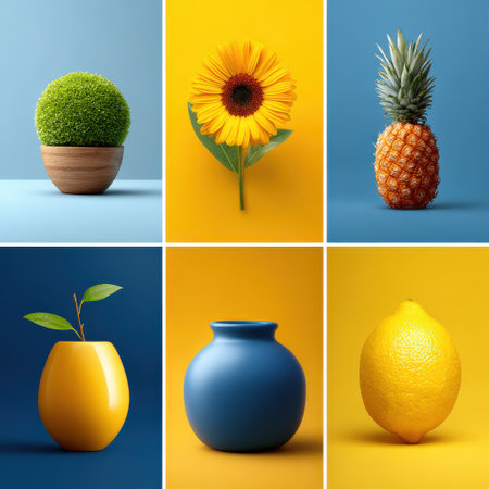 Green plant wooden pot, sunflower, pineapple, yellow vase with leaves, blue vase, and lemon colorful backgrounds create vibrant and freshの素材