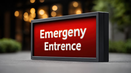 Emergency entrance sign with bright red background and white text, placed outdoors with blurred lights and greenery in backgroundの素材