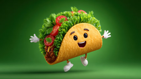 Happy taco character with lettuce and tomato jumping on green background, playful food concept with smiling face and animated handsの素材