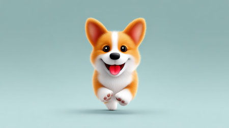 Cute happy corgi dog with tongue out jumping forward on blue background, playful and energetic expressionの素材