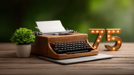 Vintage wooden typewriter with blank paper on laptop keyboard near illuminated number 75 and green plant on wooden table in soft lightの素材