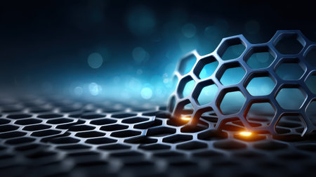 Hexagonal metal mesh with glowing light effects on dark blue background, creating futuristic and abstract technology designの素材