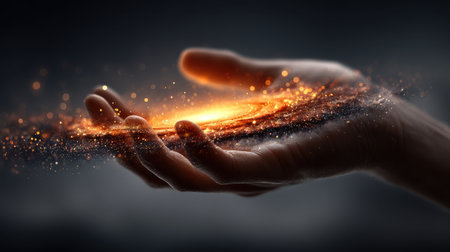 Hand holding glowing orange light particles with magical sparkles, creating warm and mystical atmosphere in dark backgroundの素材