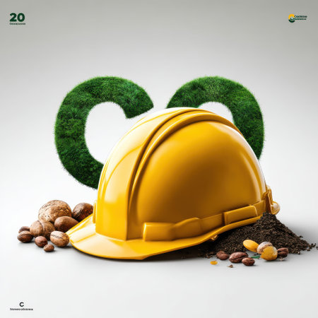 Construction helmet with soil and nuts in front of green grass letters CO symbolizing eco friendly building conceptの素材