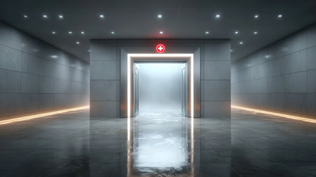 Hospital entrance with glowing medical cross sign and reflective floor in modern corridor, creating calm and futuristic atmosphereの素材