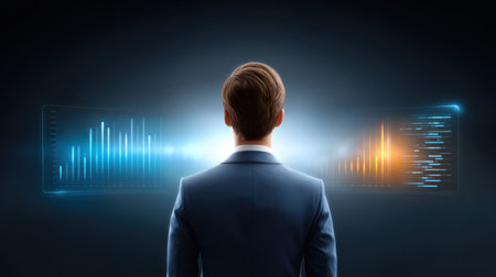 Businessman analyzing futuristic digital data charts with glowing blue and orange bars, focused on innovation and technologyの素材