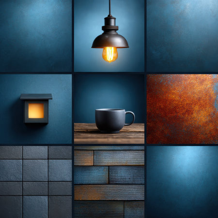 Blue wall texture with warm light bulb, cup, and rusty metal creating cozy and rustic atmosphere in modern settingの素材