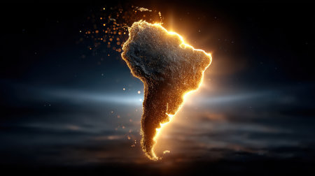 South America glowing map with bright golden light and dark background, vibrant digital illustration with sparkling particlesの素材
