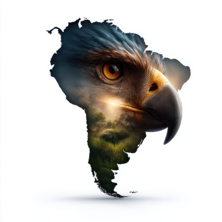 Eagle head with sharp eye and beak blended with South America map and forest landscape, symbolizing wildlife and nature conservationの素材
