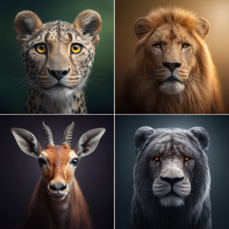 Wild animal portraits with intense eyes and detailed fur textures, featuring cheetah, lion, antelope, and black panther in dramatic lightingの素材