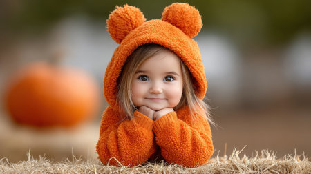 Cute toddler girl in orange fuzzy hoodie with bear ears smiling happily outdoors with blurred pumpkin in backgroundの素材