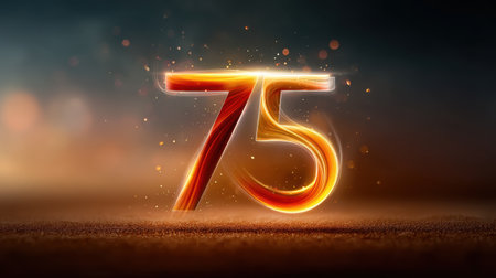 Glowing number seventy five with fiery orange and yellow light effects on dark background, bright celebration concept with spark particlesの素材