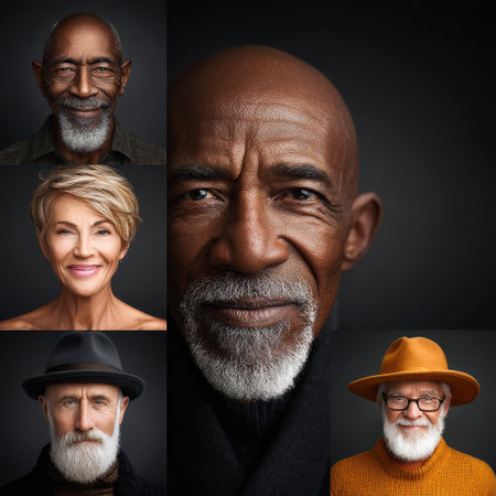 Smiling elderly diverse people with gray hair and beard wearing hats and sweaters in studio lightの素材