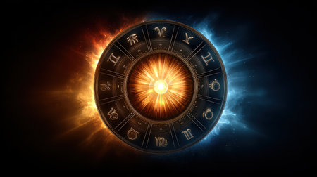 Zodiac wheel with glowing sun in center, fiery orange and cool blue light contrast, mystical astrology symbols in circular designの素材