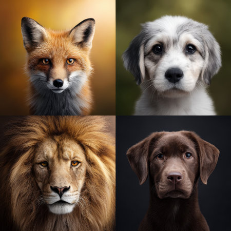 Fox with orange fur and alert eyes, white and gray puppy with soft fur, majestic lion with golden mane, and chocolate brown dog with soulful eyesの素材